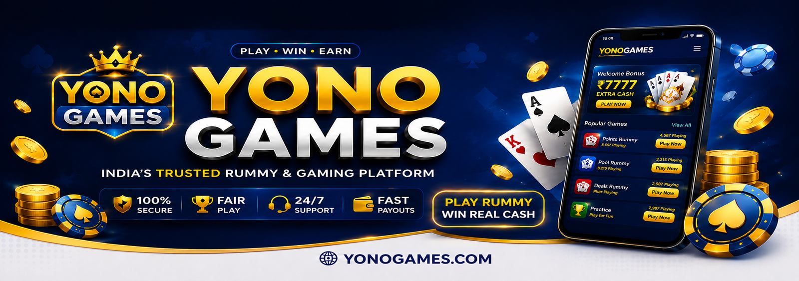Blue and yellow Yono Games collection banner